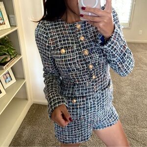 Luxe Multicolor Tweed Romper with Gold Accents